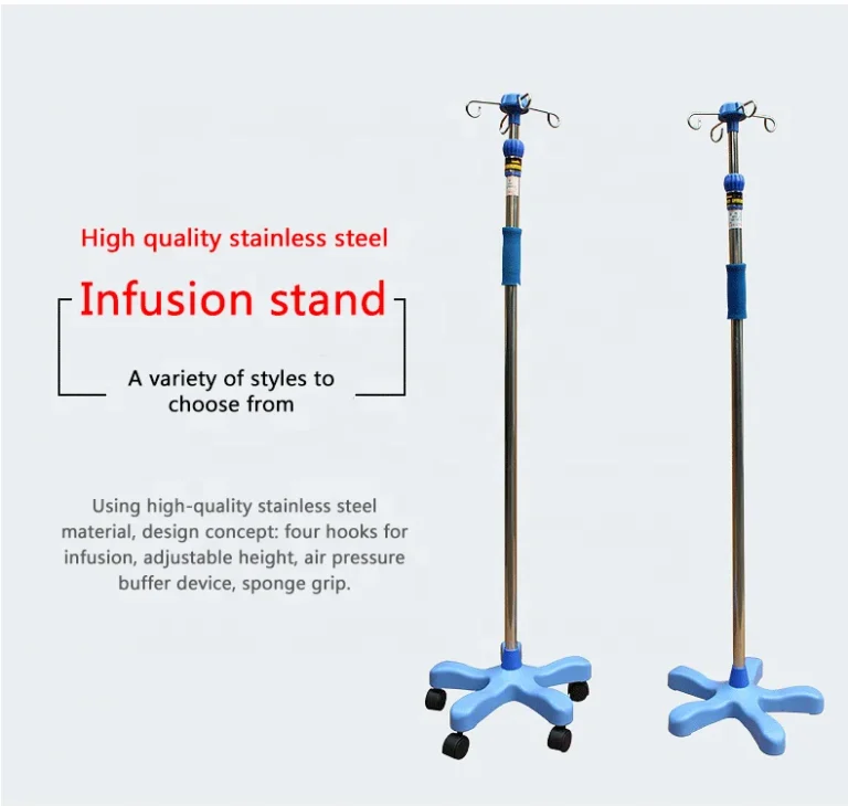 Adjustable stainless steel IV pole stands on rolling bases