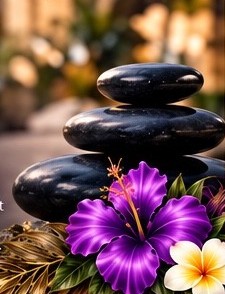 Stacked stones with a purple hibiscus representing calm and wellbeing