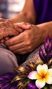 Caregiver holding the hands of a kupuna client beside a plumeria flower