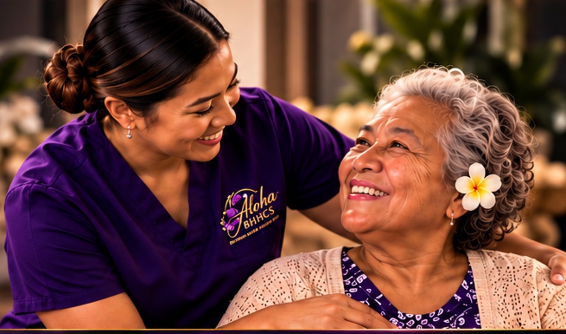 Aloha BHHCS caregiver sharing a smile with a kupuna client