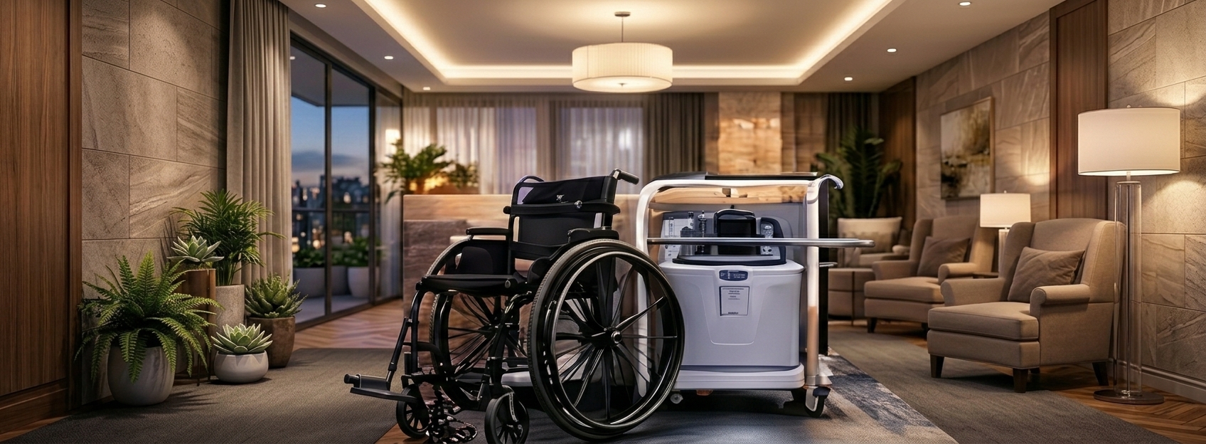Wheelchair and home medical equipment in a bright Hawaii home