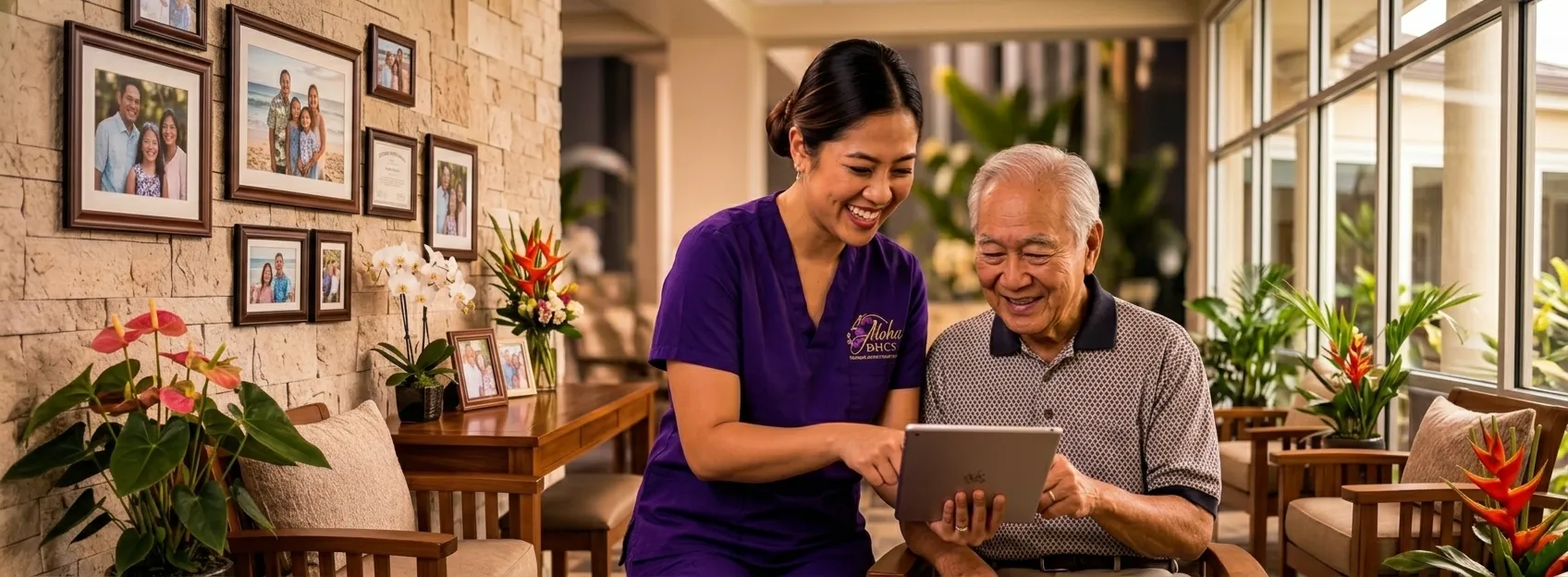 Aloha BHHCS caregiver helping a kupuna client at home
