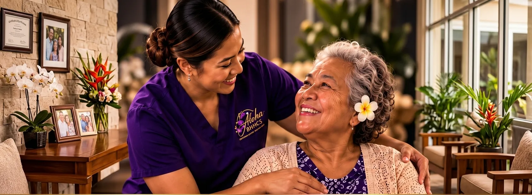Aloha BHHCS caregiver sharing a smile with a kupuna client at home